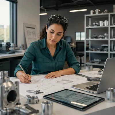 Focused Engineer Reviewing Technical Drawing
