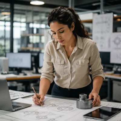 Focused Engineer Reviewing Technical Drawing