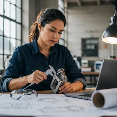 Focused Latina Engineer at Studio Desk