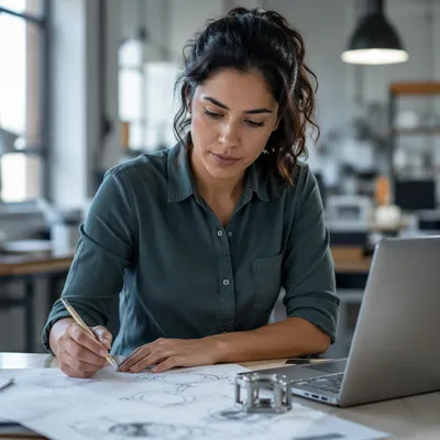 Focused Latina Engineer at Studio Desk