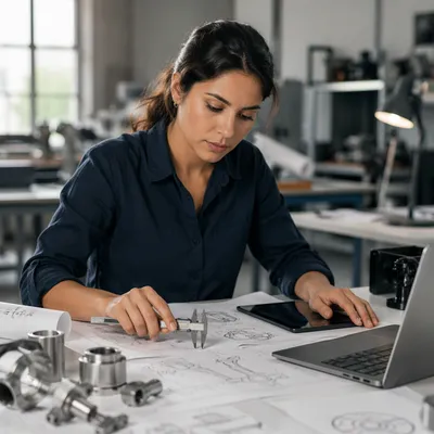 Focused Engineer Reviewing Technical Sketches at Desk