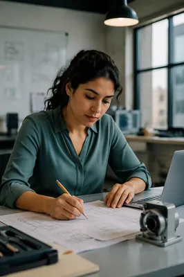 Focused Engineer Reviewing Technical Drawings