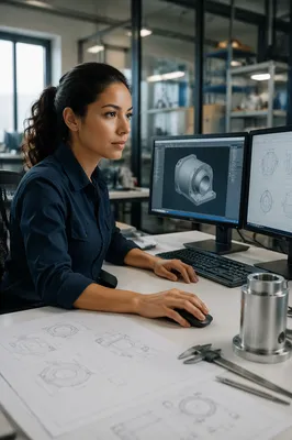 Focused Latina Engineer at Design Workstation