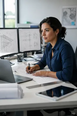 Focused Latina Engineer at Office Workstation
