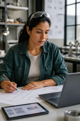 Focused Latina Engineer at Modern Workstation