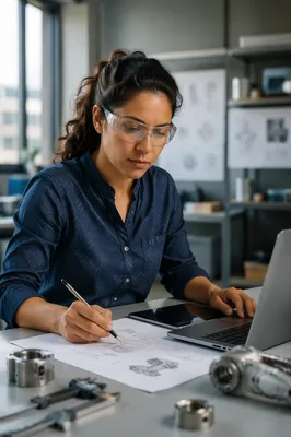 Focused Latina Engineer at Modern Desk