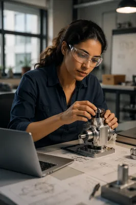 Focused Engineer Examining Mechanical Prototype at Desk