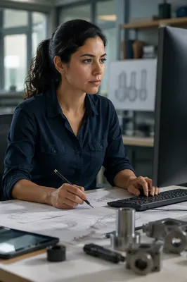 Focused Latina Engineer at Design Desk