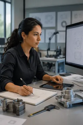 Focused Latina Engineer at Modern Workstation