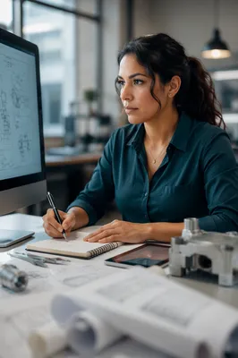 Focused Latina Engineer at Studio Desk
