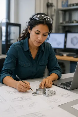 Focused Latina Engineer at Design Desk