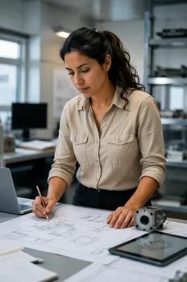 Focused Engineer Reviewing Technical Drawing