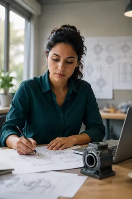 Focused Latina Engineer at Design Desk