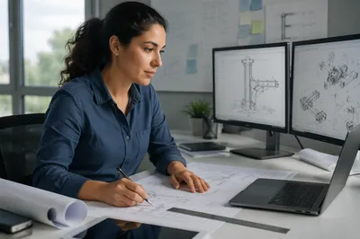 Focused Latina Engineer at Office Workstation