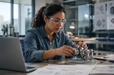 Focused Engineer Examining Mechanical Prototype at Desk