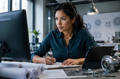 Focused Latina Engineer at Design Desk