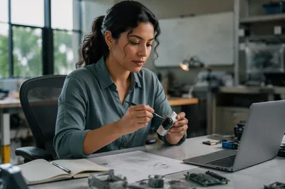 Focused Latina Engineer in Design Studio