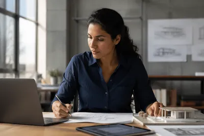 Focused Latina Engineer at Modern Desk