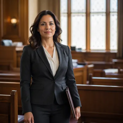 Confident Latina Lawyer in Sunlit Courtroom