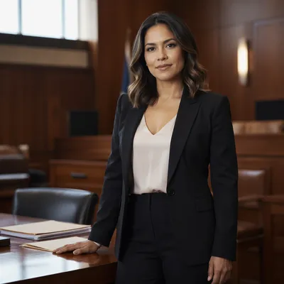 Confident Latina Lawyer in Courtroom Portrait