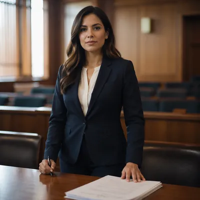 Confident Latina Lawyer in Modern Courtroom