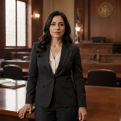 Confident Latina Lawyer in Modern Courtroom