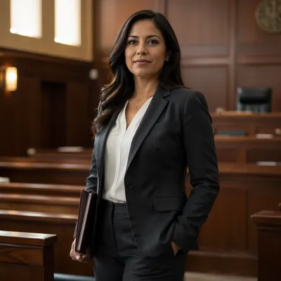 Confident Latina Lawyer in Modern Courtroom