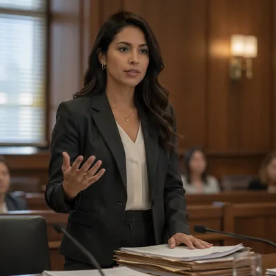 Confident Latina Lawyer in Courtroom