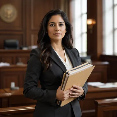 Confident Latina Lawyer in Sunlit Courtroom