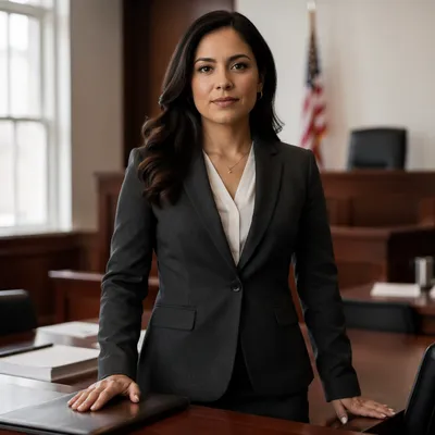 Confident Latina Lawyer in Courtroom Portrait