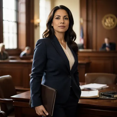 Confident Latina Lawyer in Courtroom Portrait