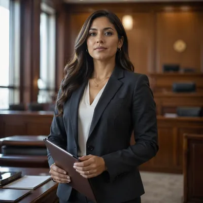 Confident Latina Lawyer in Modern Courtroom