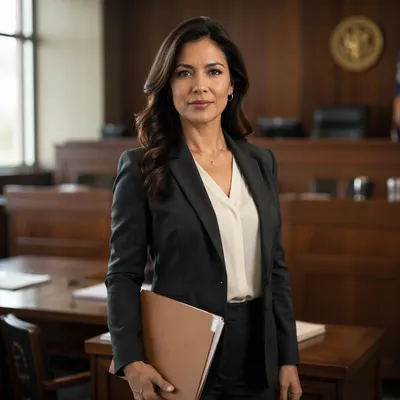 Confident Latina Lawyer in Modern Courtroom