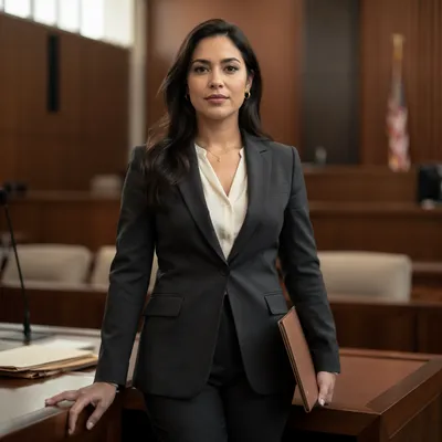 Confident Latina Lawyer in Modern Courtroom