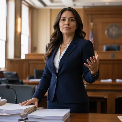 Confident Latina Lawyer in Modern Courtroom