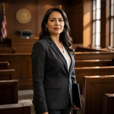 Confident Latina Lawyer in Modern Courtroom