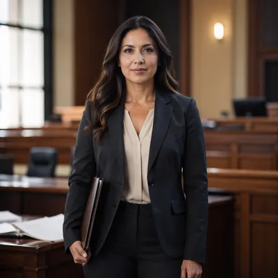 Confident Latina Lawyer in Modern Courtroom