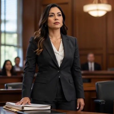 Confident Latina Lawyer in Modern Courtroom
