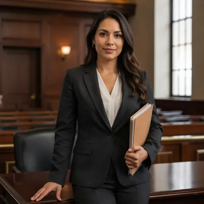 Confident Latina Lawyer in Modern Courtroom