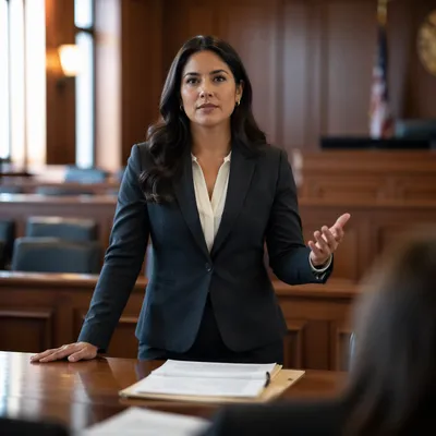 Confident Latina Lawyer in Courtroom
