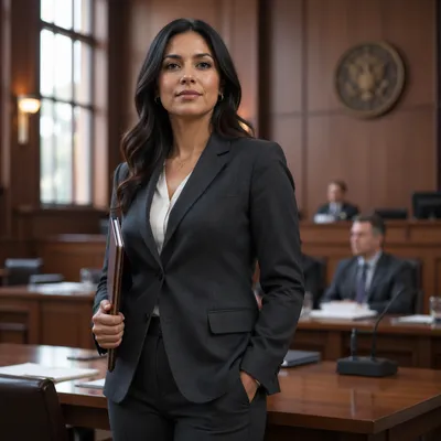 Confident Latina Lawyer in Modern Courtroom