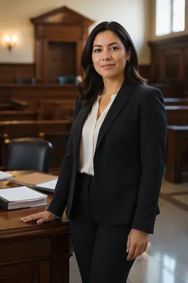 Confident Latina Lawyer in Modern Courtroom