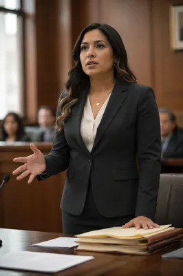 Confident Latina Lawyer in Courtroom