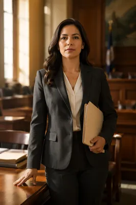 Confident Latina Lawyer in Courtroom Portrait