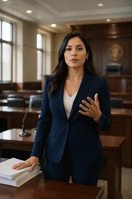 Confident Latina Lawyer in Modern Courtroom