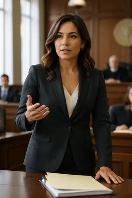 Confident Latina Lawyer in Modern Courtroom