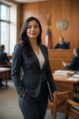 Confident Latina Lawyer in Courtroom