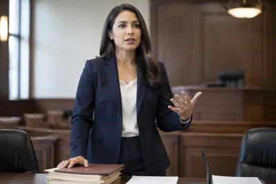 Confident Latina Lawyer in Courtroom