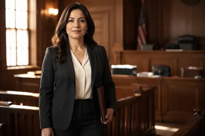 Confident Latina Lawyer in Sunlit Courtroom