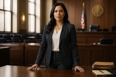 Confident Latina Lawyer in Modern Courtroom